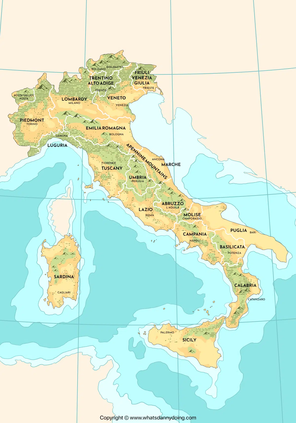 A simple map of Italy, showing its administrative regions and major cities.